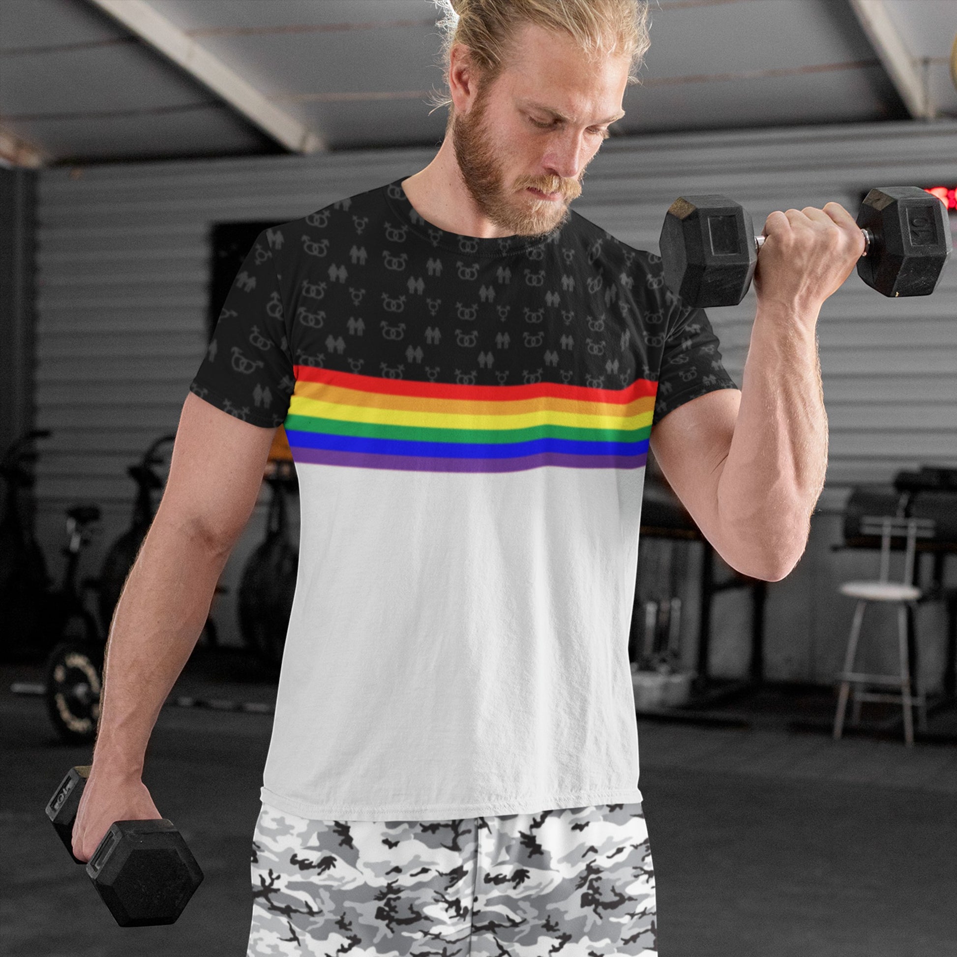 65mcmlxv unisex t-shirt with rainbow stripes across the chest and a black patterned top. Made from polyester jersey.