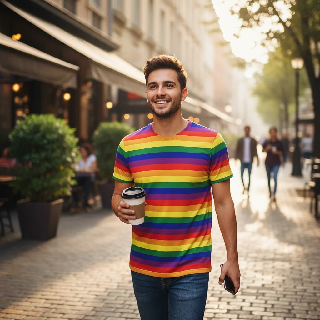 65mcmlxv unisex rainbow stripe t-shirt, polyester, short sleeve, crew neck, casual wear