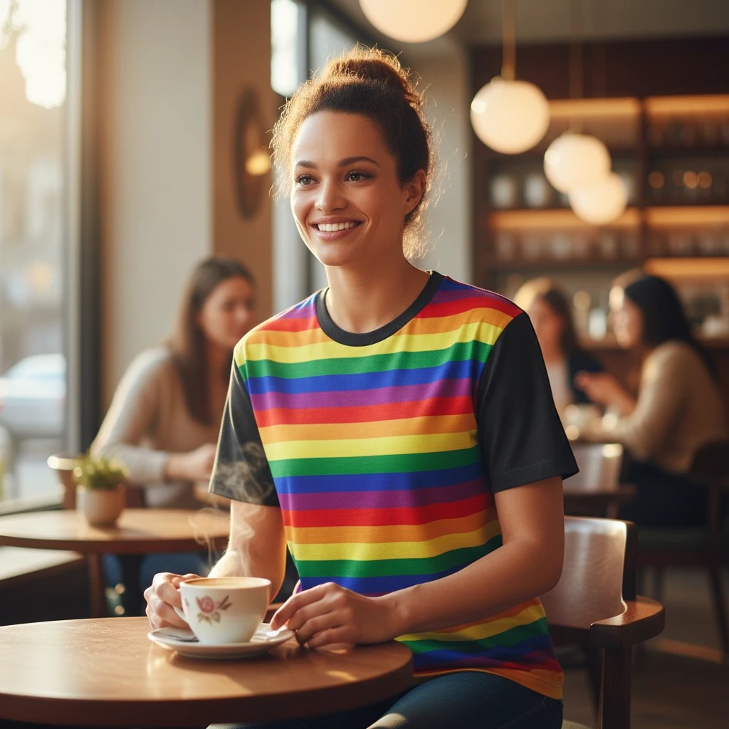 65mcmlxv unisex rainbow stripe t-shirt with black sleeves and crew neck. Model sitting in a cafe.