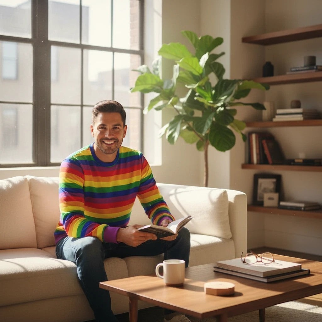 65mcmlxv unisex rainbow striped performance sweatshirt made from polyester spandex blend, worn by a man sitting on a couch reading.