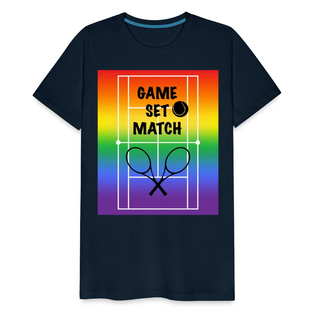 65mcmlxv Men's navy blue cotton t-shirt with a rainbow tennis court graphic and text "Game Set Match".