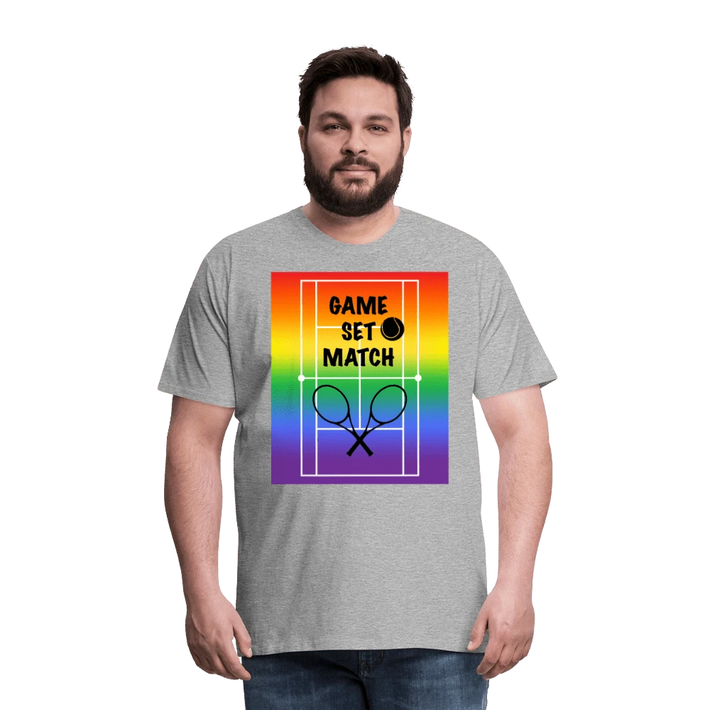 65mcmlxv Men's grey cotton t-shirt with a rainbow tennis court graphic and text 'Game Set Match'.