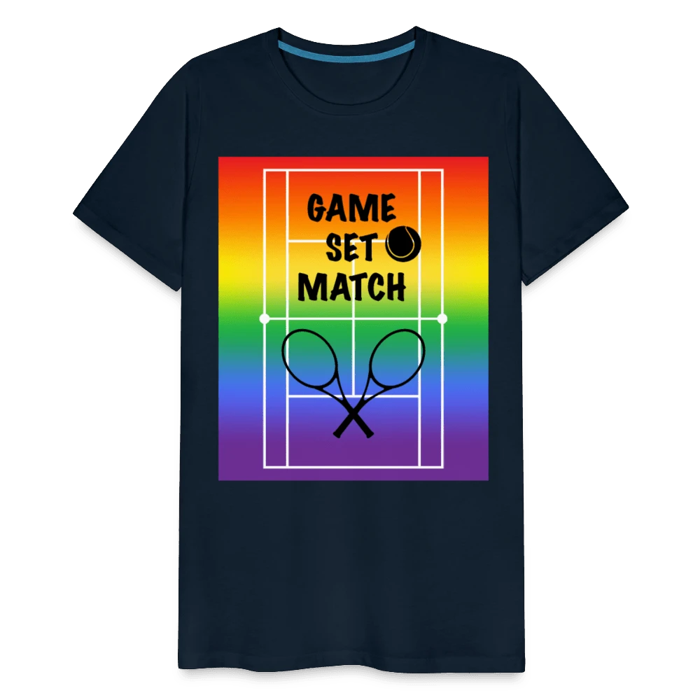 65mcmlxv Men's navy blue cotton t-shirt with rainbow tennis court graphic and "Game, Set, Match" text.