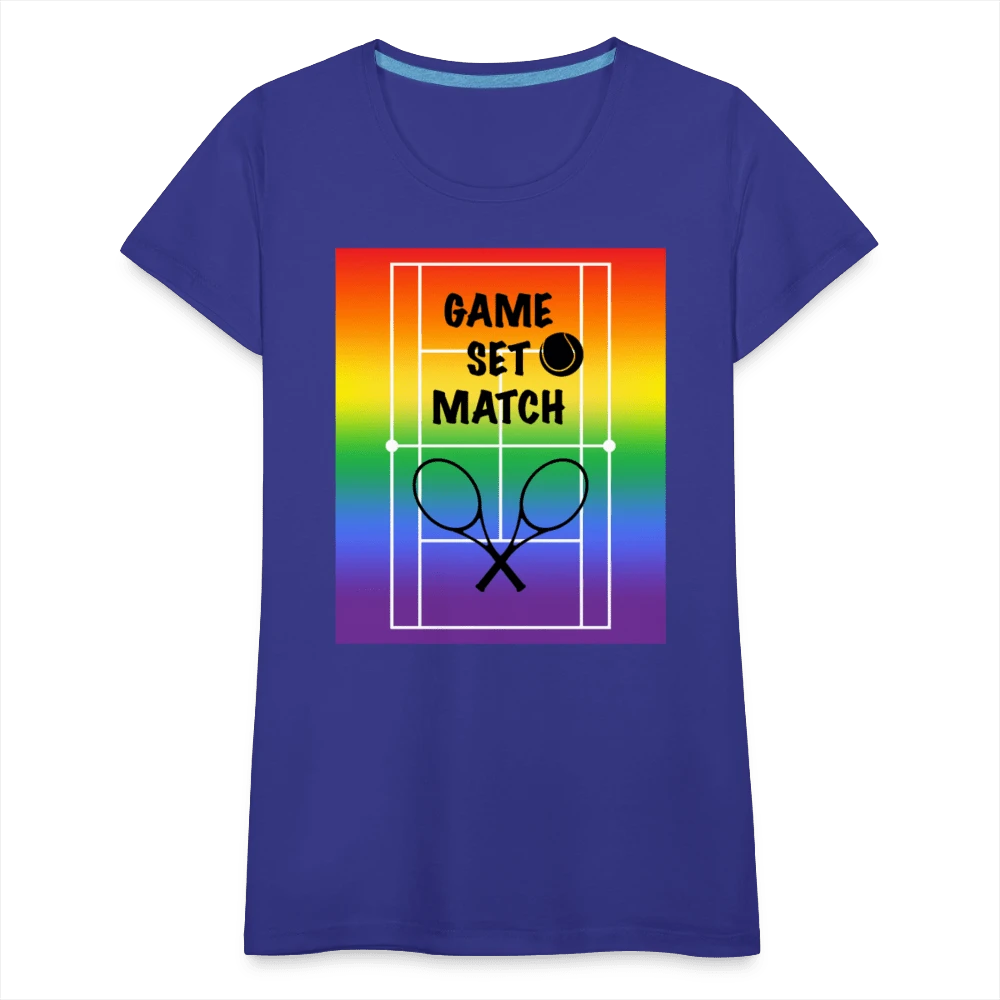 65mcmlxv Women's royal blue 100% cotton t-shirt with a rainbow tennis court graphic that says Game, Set, Match.