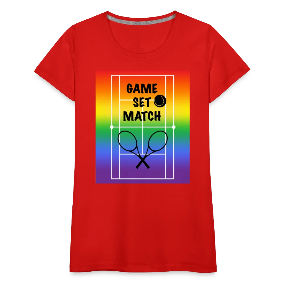 65mcmlxv women's red cotton t-shirt with rainbow tennis court graphic and "Game, Set, Match" text.