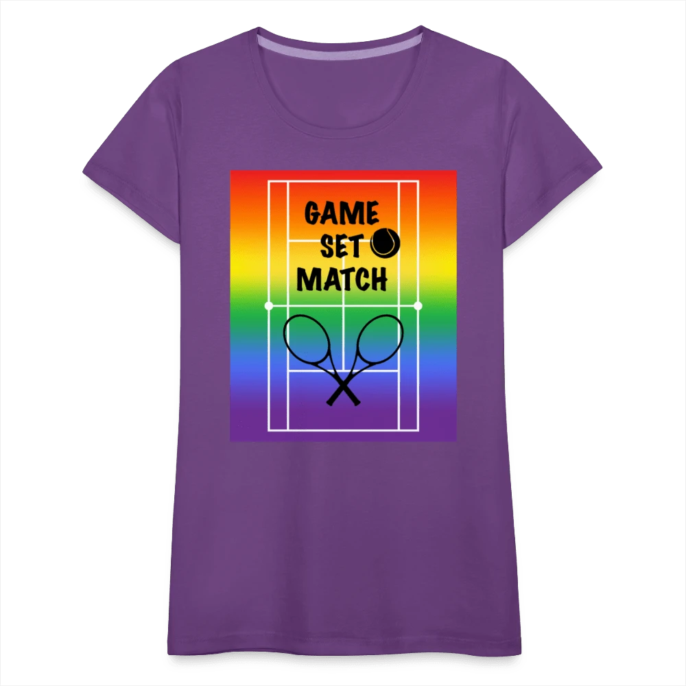 65mcmlxv Women's purple cotton t-shirt with rainbow tennis court graphic and "Game, Set, Match" text.