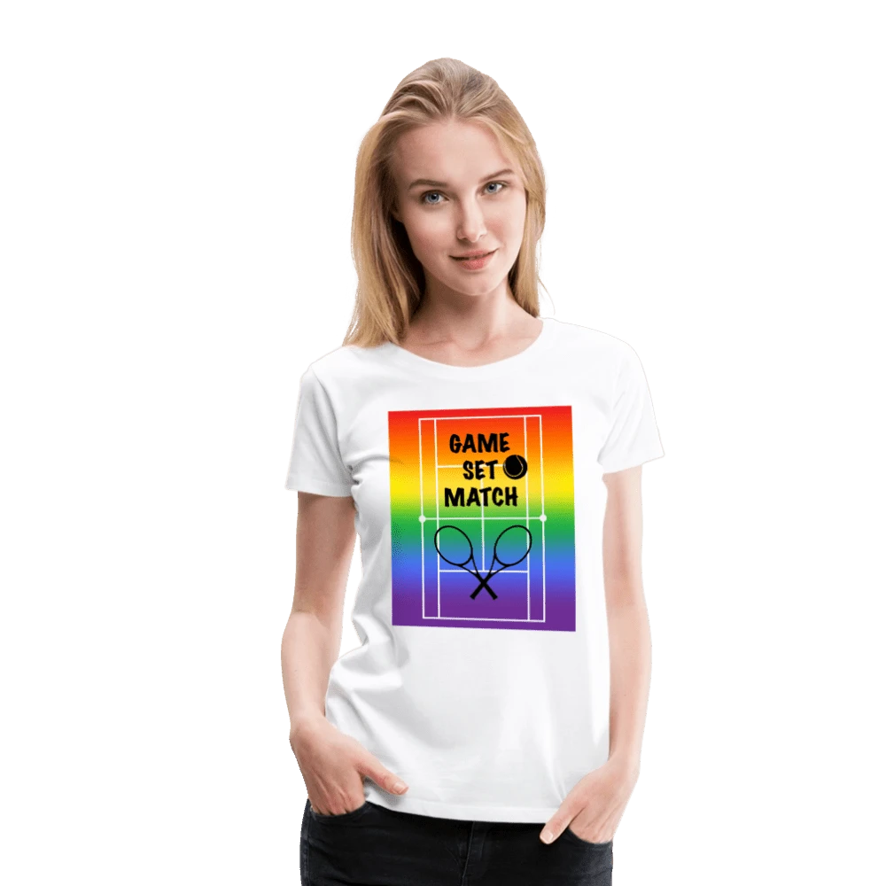 65mcmlxv women's white cotton t-shirt with rainbow tennis court graphic and "Game, Set, Match" text.