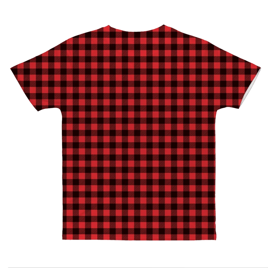 65mcmlxv Unisex red and black buffalo plaid print polyester sublimation t-shirt.