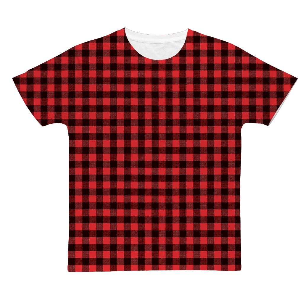 65mcmlxv Unisex red and black buffalo plaid print polyester sublimation t-shirt with white crew neck.