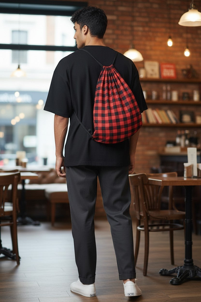 65mcmlxv red and black buffalo plaid print linen drawstring sack bag