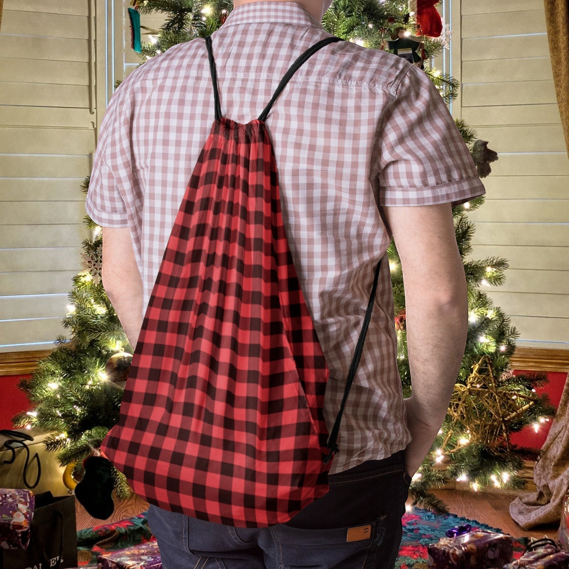 65mcmlxv red and black buffalo plaid print linen drawstring sack bag with black straps, perfect for Christmas gifts.