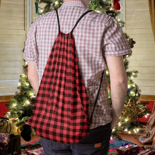 65mcmlxv red and black buffalo plaid print linen drawstring sack bag with black straps, perfect for Christmas gifts.