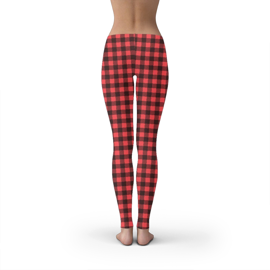 65 MCMLXV women's red and black buffalo plaid print leggings made from polyester and spandex with an elastic waistband.