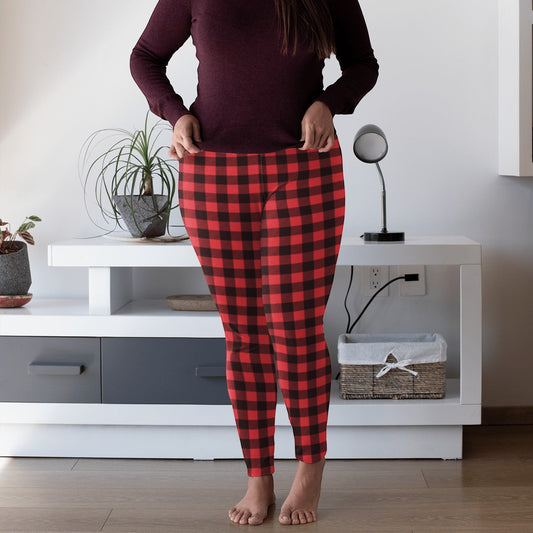 65 MCMLXV women's red and black buffalo plaid print leggings made from polyester and spandex with an elastic waistband.