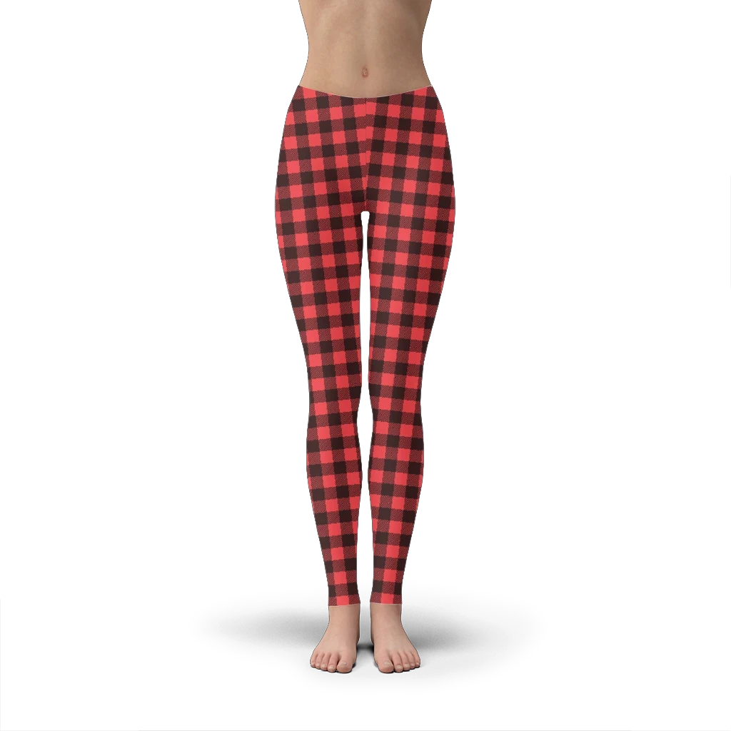 65 MCMLXV women's red and black buffalo plaid print leggings made from polyester and spandex with an elastic waistband.