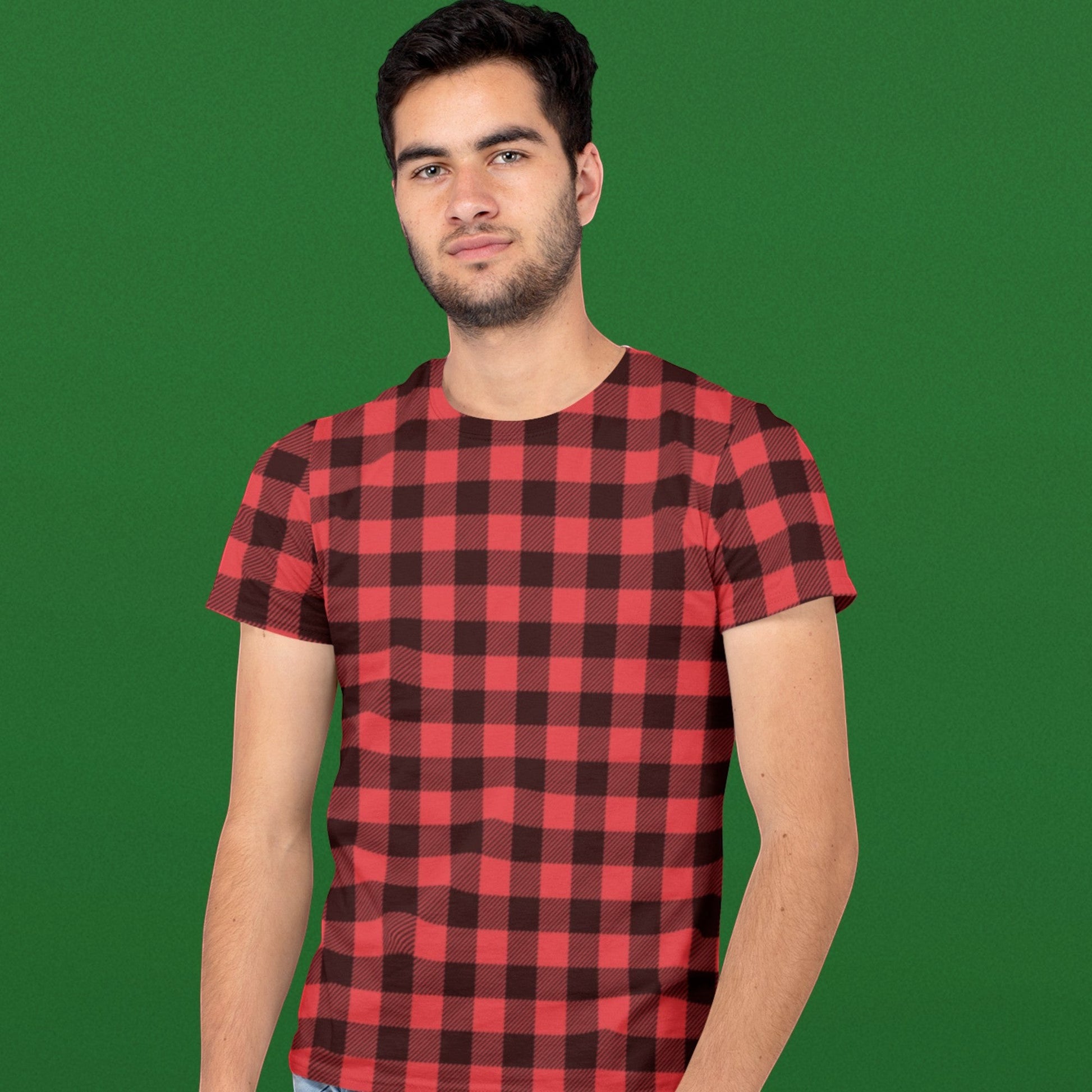 65mcmlxv Unisex red and black buffalo plaid print short sleeve t-shirt made of polyester.