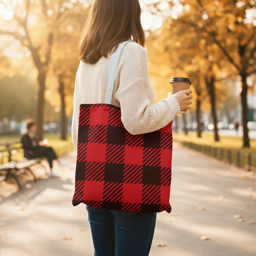 65 MCMLXV red and black buffalo plaid sublimation shopper tote bag made of 300D polyester.
