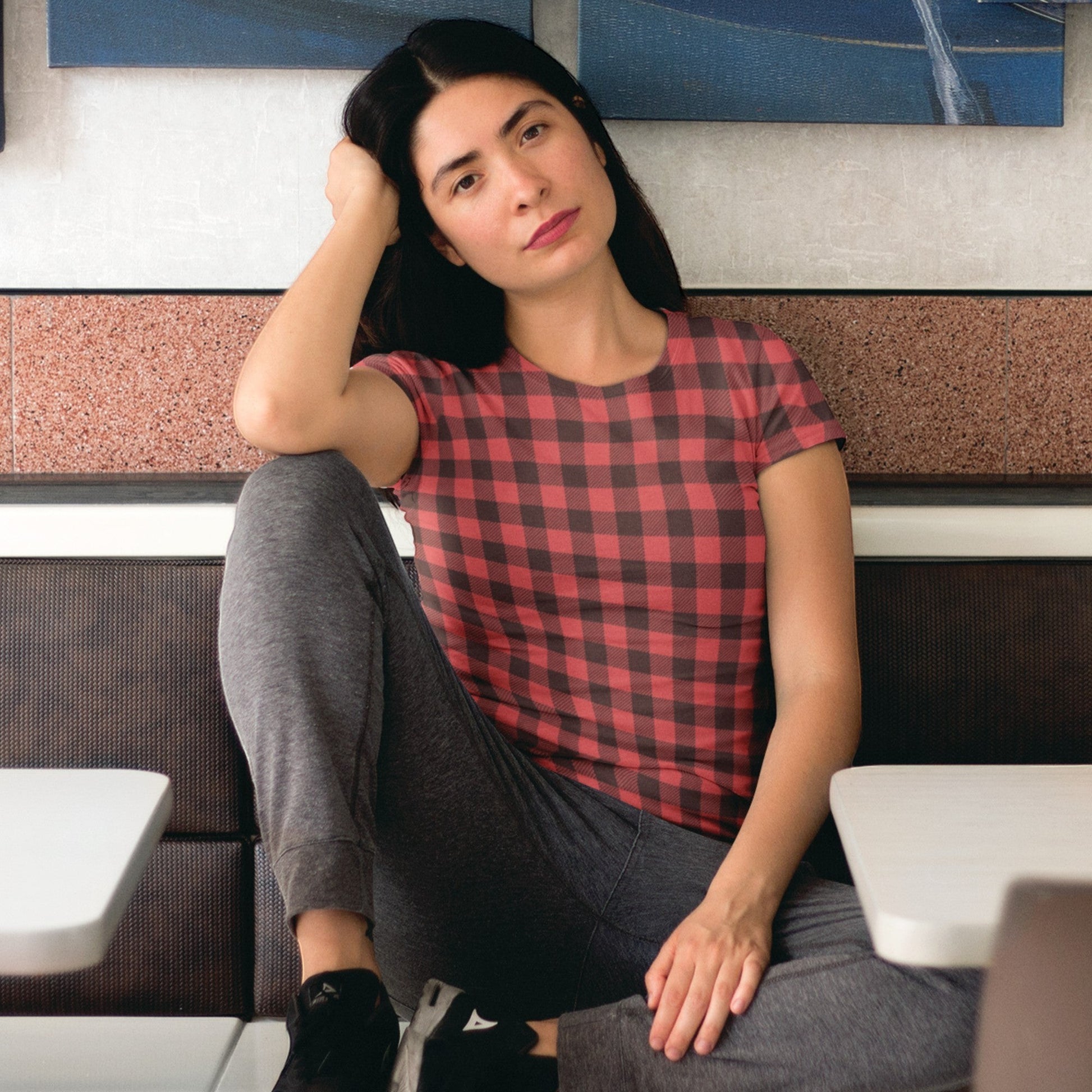 65mcmlxv unisex red and black buffalo plaid print polyester t-shirt with short sleeves.
