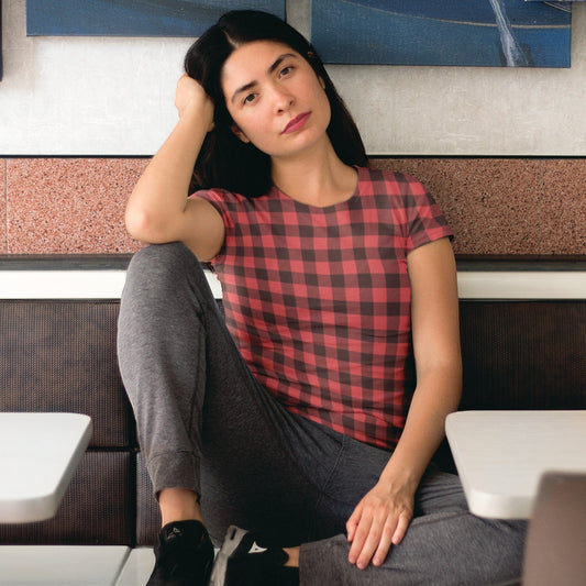 65mcmlxv unisex red and black buffalo plaid print polyester t-shirt with short sleeves.