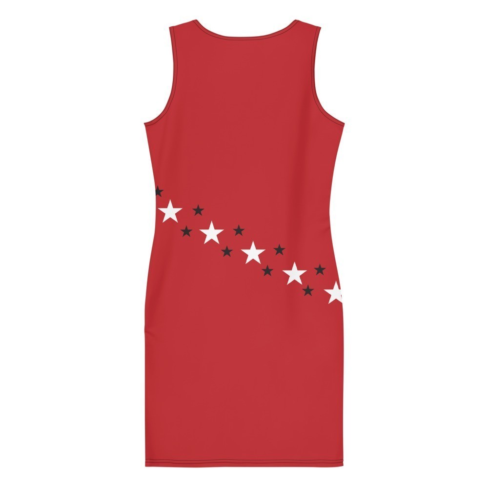 65mcmlxv red sleeveless bodycon dress with a diagonal star print in white and black.