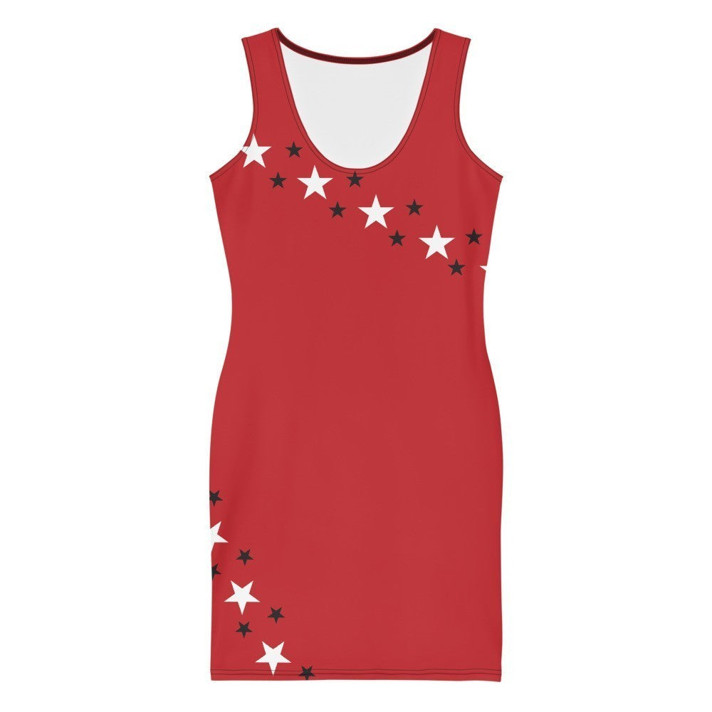 65mcmlxv red sleeveless bodycon dress with white and black star print