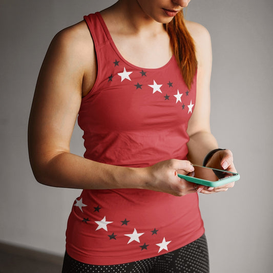 65mcmlxv red tank top with white and dark grey star print, sleeveless, round neck, women's