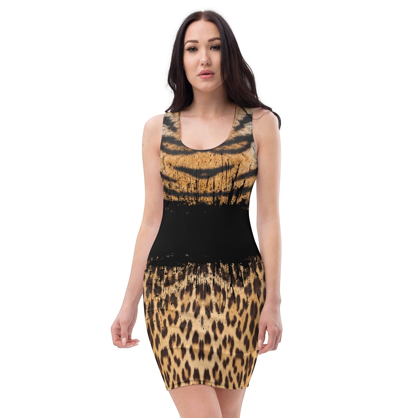 65mcmlxv sleeveless bodycon dress with tiger and leopard print, black waist detail, and above-the-knee length.