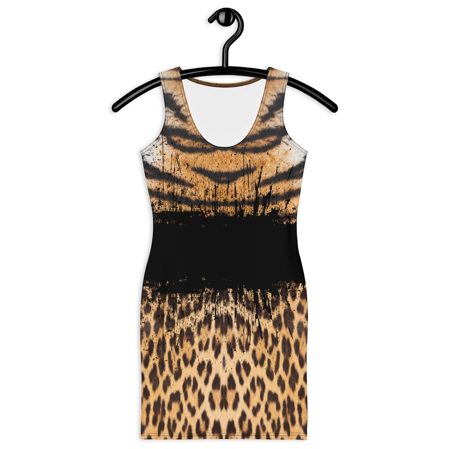 65mcmlxv sleeveless bodycon dress with tiger and leopard print, black stripe detail.