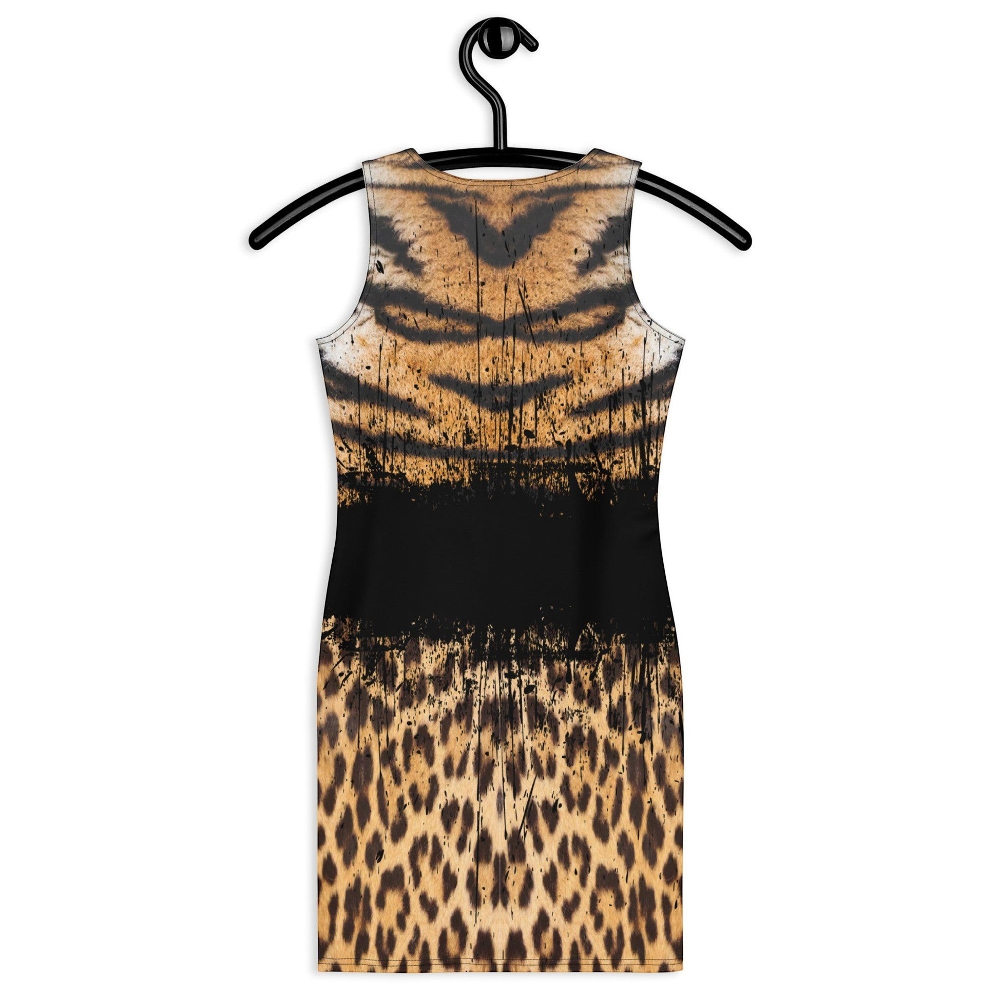 65mcmlxv sleeveless bodycon dress with tiger and leopard print, black stripe detail, above-the-knee length.