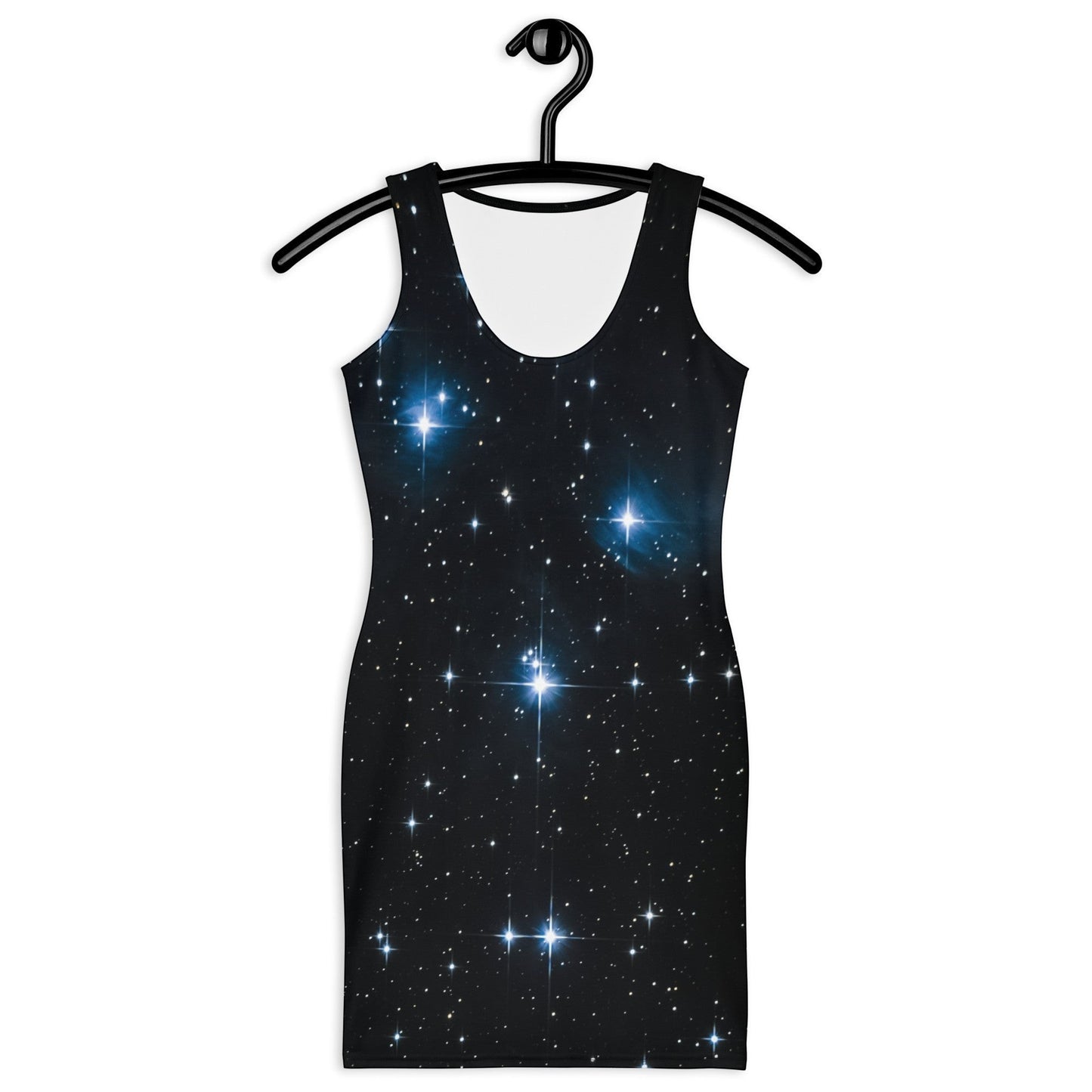 65mcmlxv black sleeveless bodycon dress with a starry night print and blue star clusters.