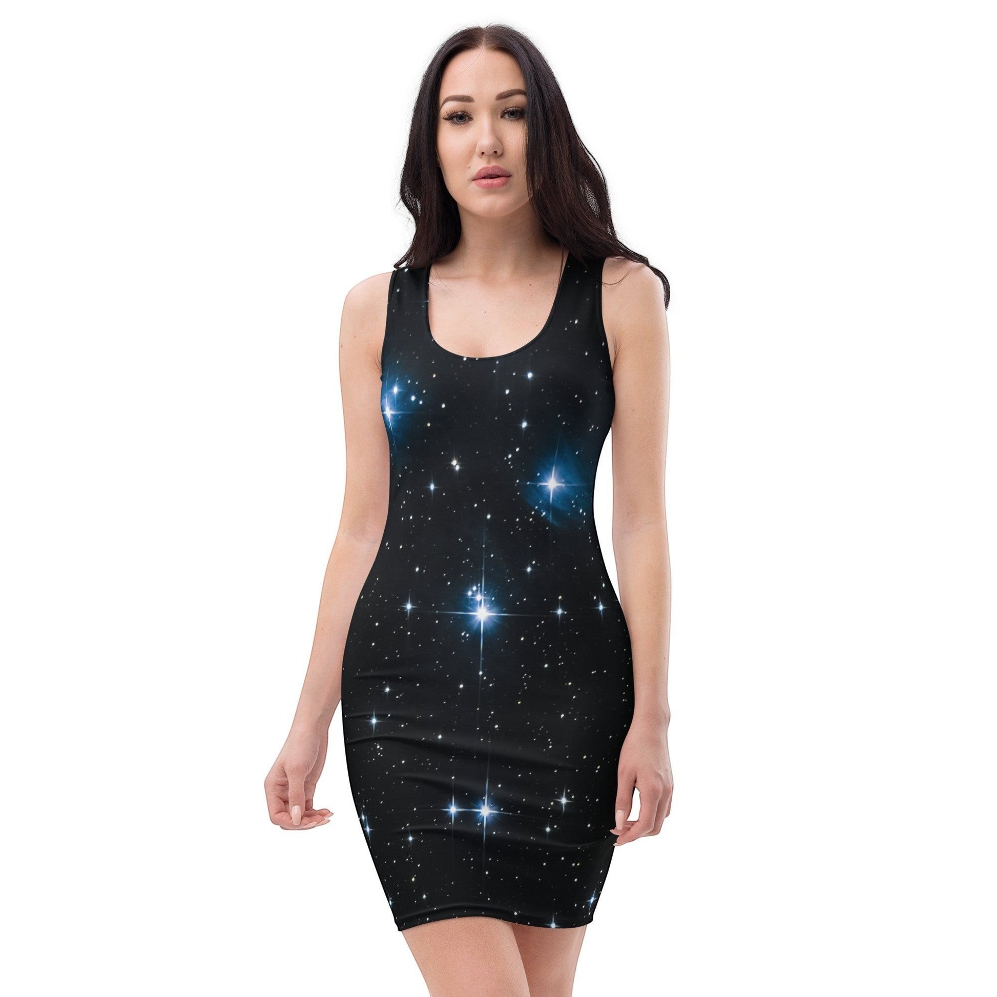 65mcmlxv black sleeveless bodycon dress with a starry night print and blue nebula accents.