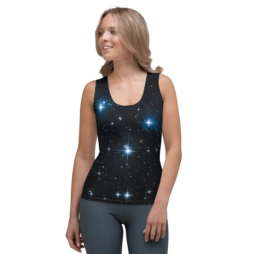 65mcmlxv Women's black tank top with a starry night print, featuring bright blue and white stars.