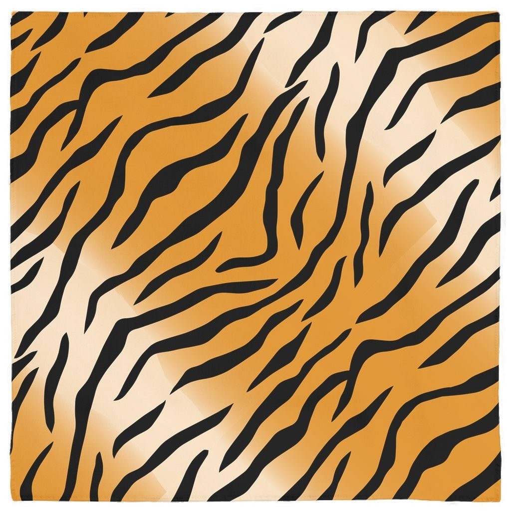 65mcmlxv white polyester pet bandana with black tiger print and hemmed edges.