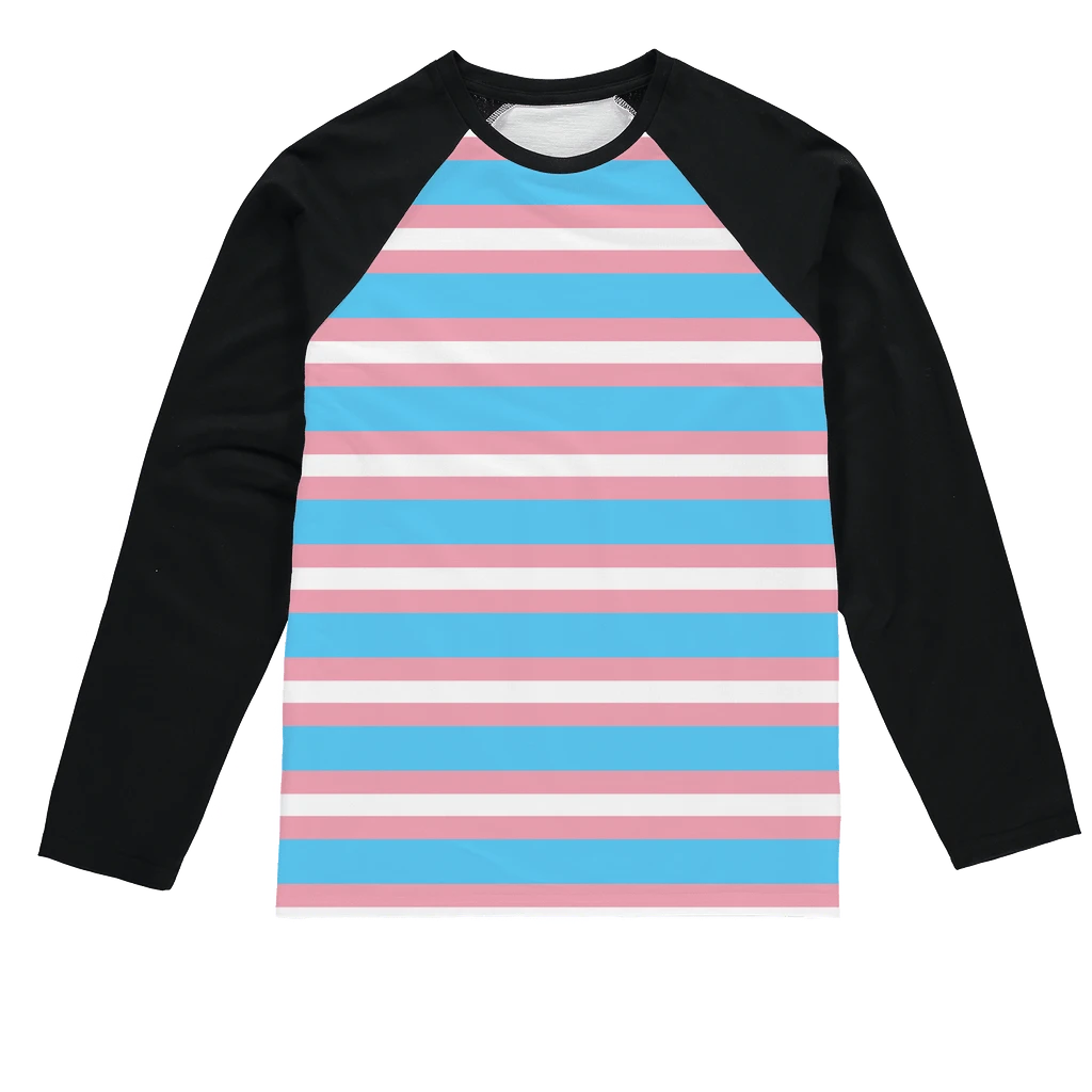 65mcmlxv unisex transgender pride flag baseball long sleeve t-shirt with pink, white, and blue stripes on the body and black sleeves.