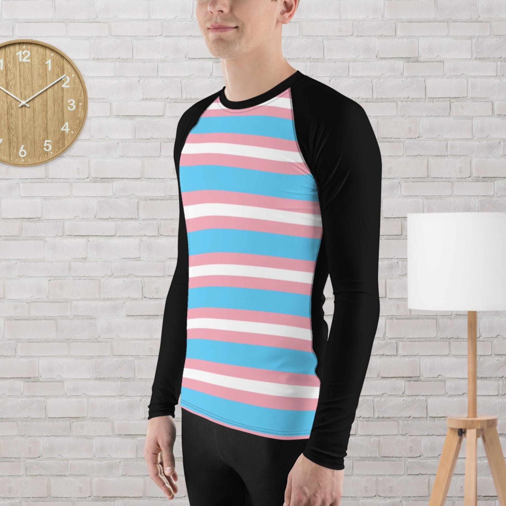 65mcmlxv Unisex transgender pride flag baseball long sleeve t-shirt with black sleeves and crew neck.