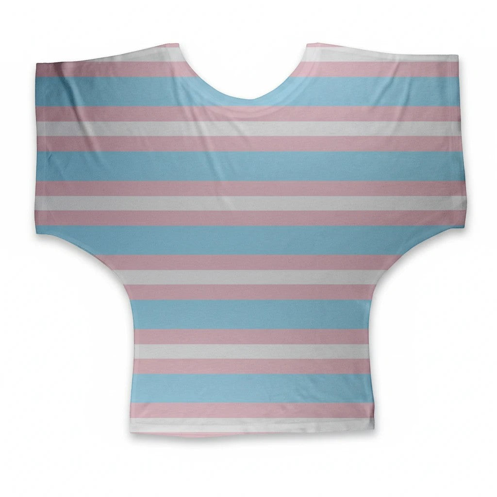 65mcmlxv women's transgender pride flag batwing top with pink, blue, and white stripes. Flowy poly-viscose fabric.