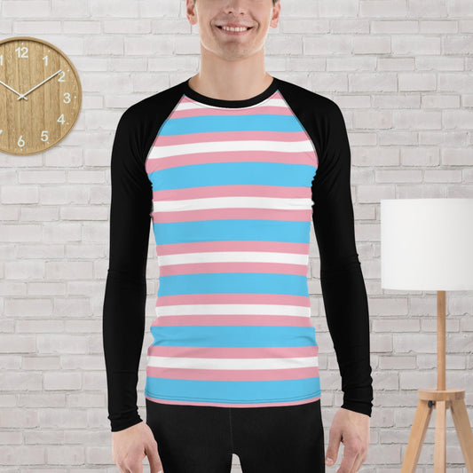 65mcmlxv Unisex transgender pride flag baseball long sleeve t-shirt with pink, blue, and white stripes and black sleeves.