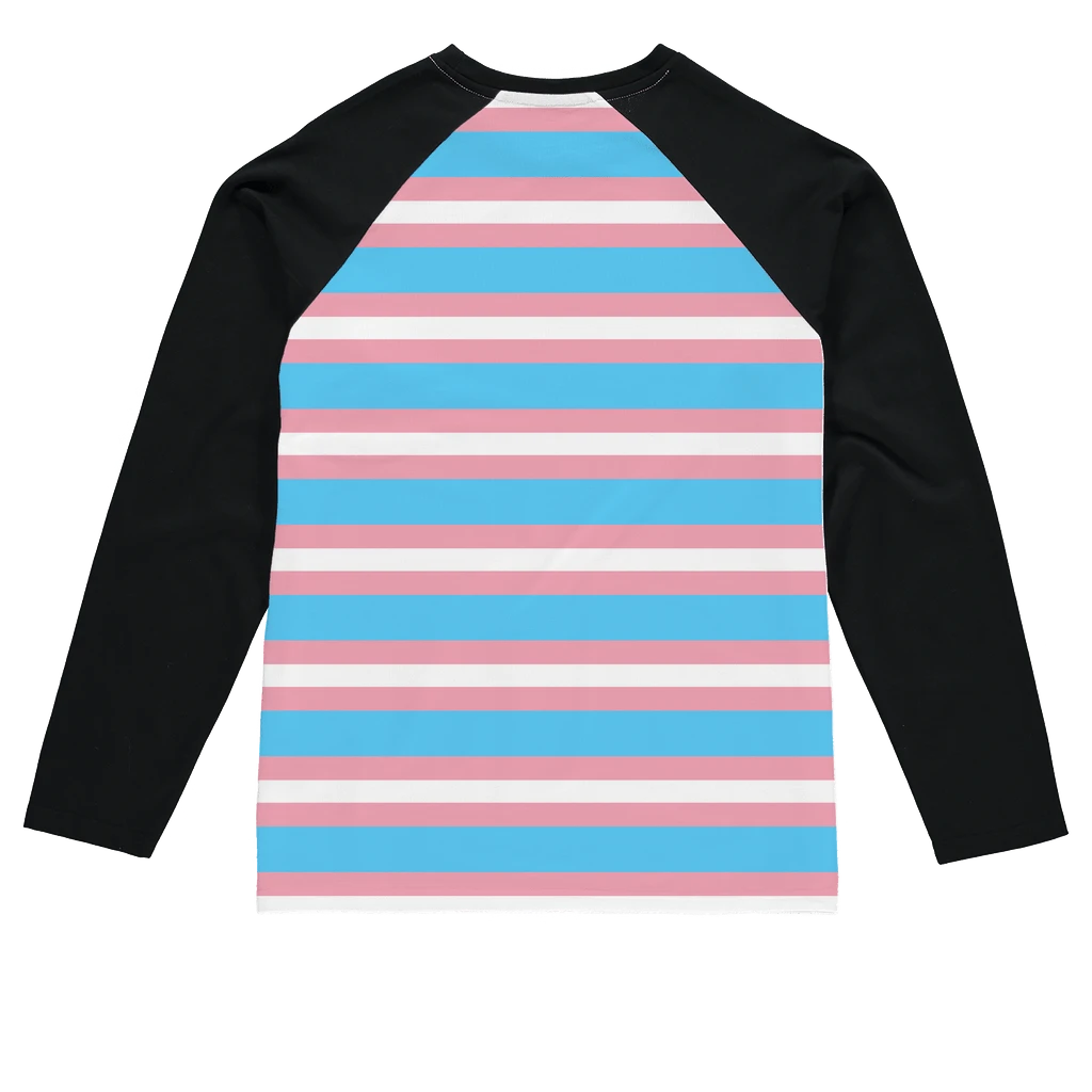 65mcmlxv Unisex transgender pride flag baseball long sleeve t-shirt with pink, blue, and white stripes and black sleeves.