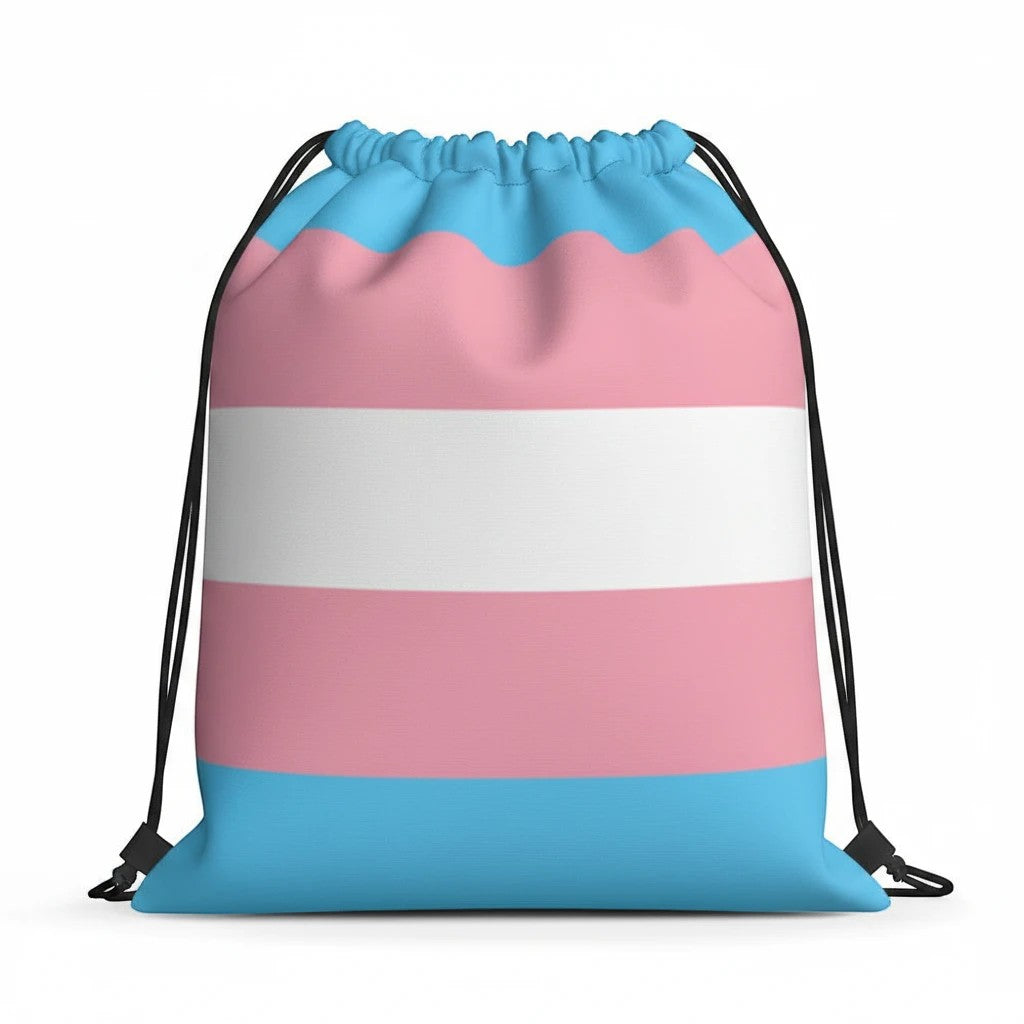 65mcmlxv Transgender Pride flag print drawstring bag with pink, white, and blue stripes. Made of spun polyester.
