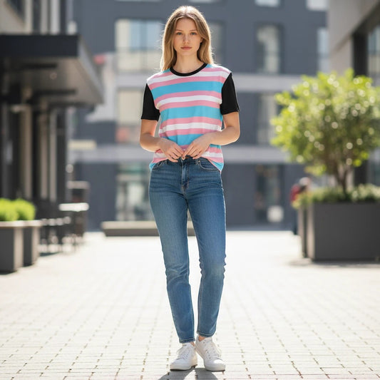 65mcmlxv unisex transgender pride flag striped t-shirt with black sleeves and crew neck.