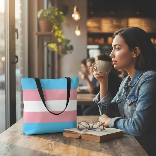 65mcmlxv large tote bag with transgender pride flag print, black handles, and black lining. Polyester material.
