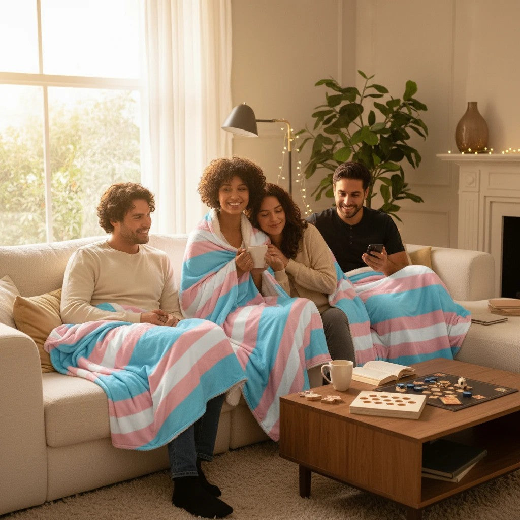 65mcmlxv transgender pride flag hooded blanket in pink, white, and blue stripes. Soft fleece.