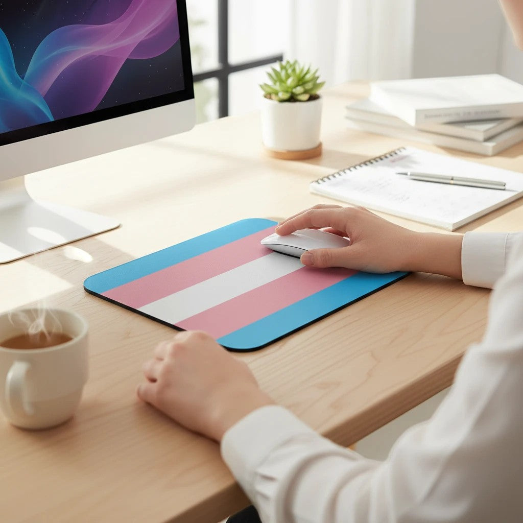 65mcmlxv Transgender Pride flag print rectangular mouse pad with rubber base and cloth top.