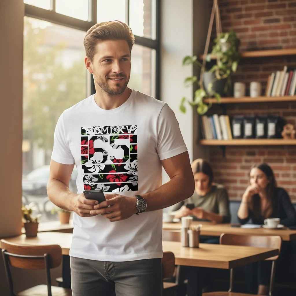 65 MCMLXV Men's Tropical Stripe Varsity Logo Graphic T-Shirt