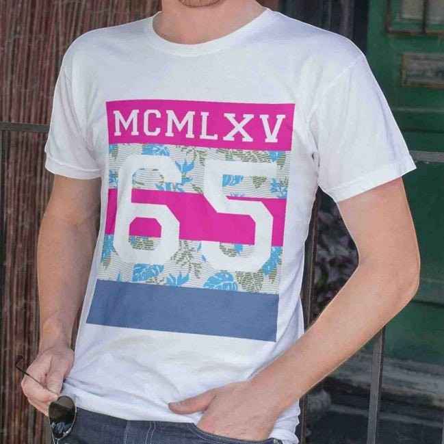 65 MCMLXV Men's Tropical Neon Stripe Varsity Logo Graphic T-Shirt