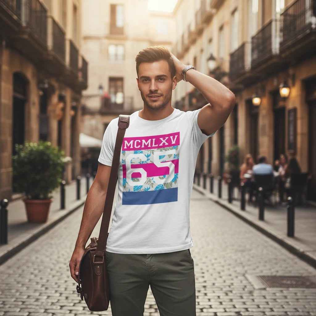 65 MCMLXV Men's Tropical Neon Stripe Varsity Logo Graphic T-Shirt