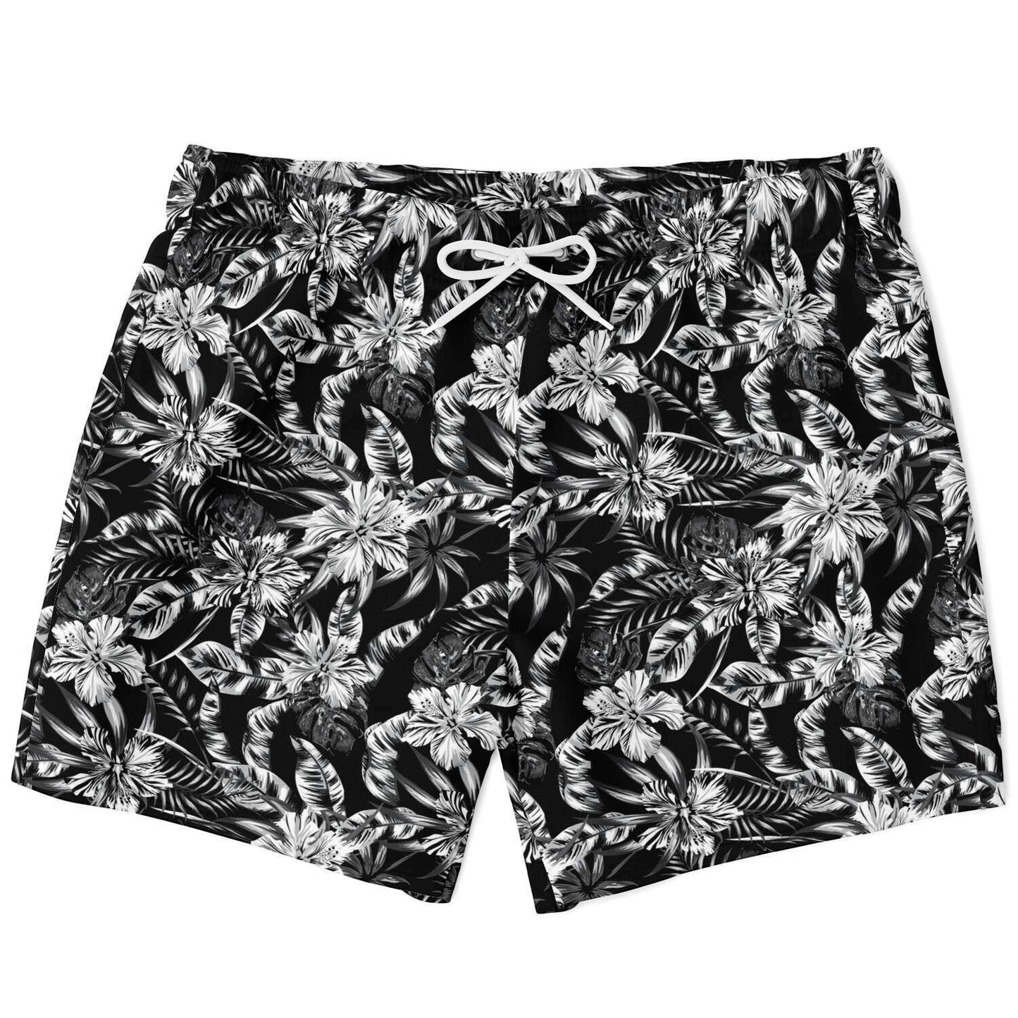 65mcmlxv Men's black and white tropical print swim trunks with drawstring waist and mesh lining.