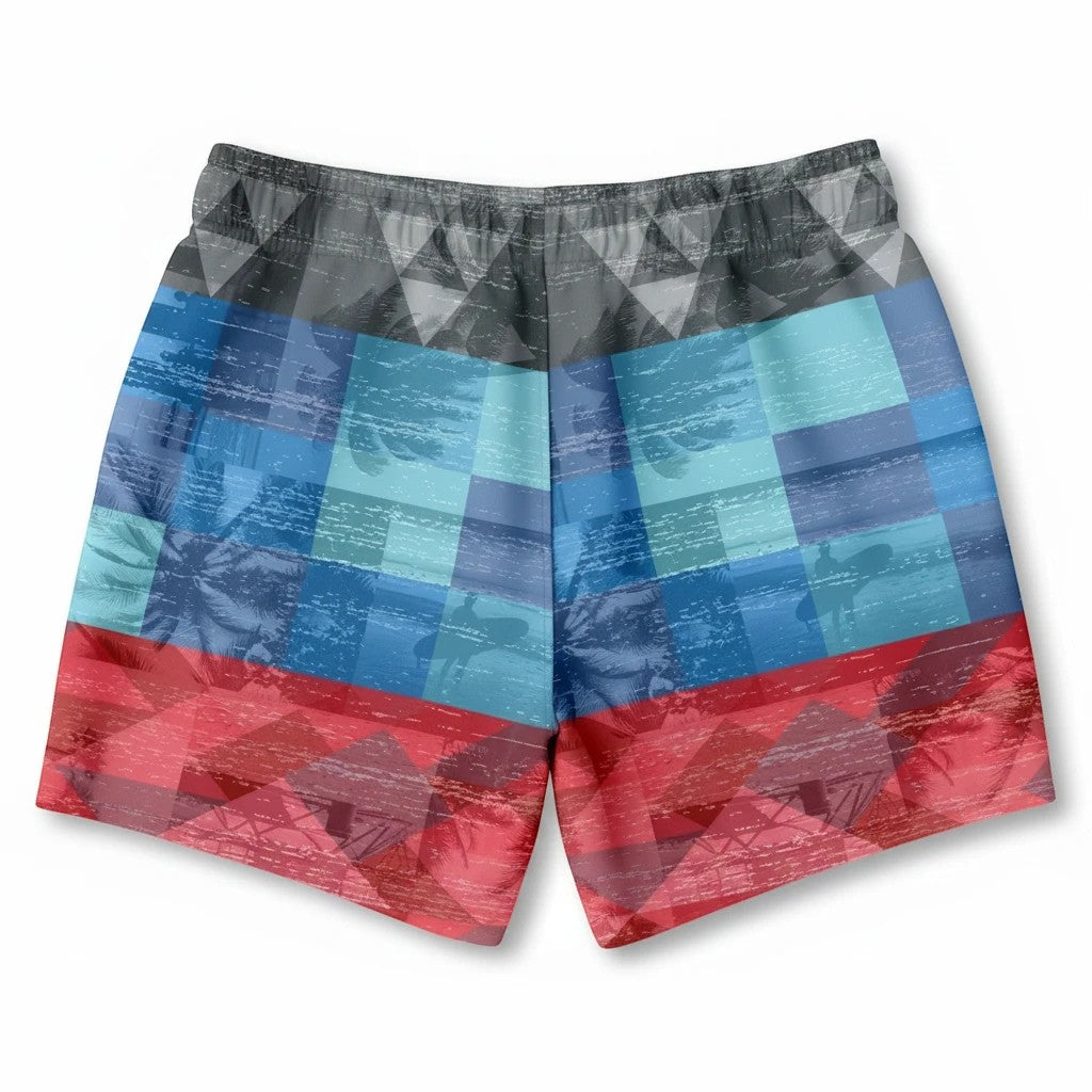 65mcmlxv Men's tropical color block print swim trunks with palm trees and surfer graphic. Above the knee length.