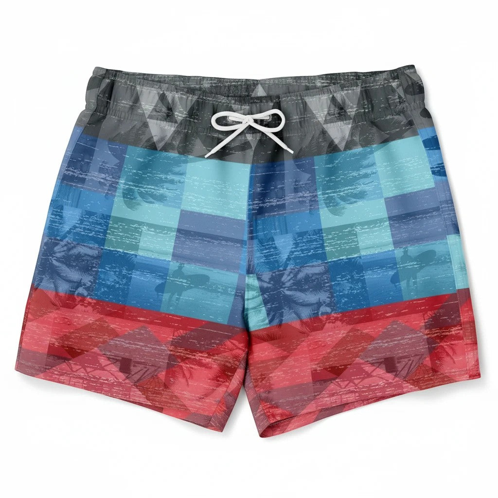65mcmlxv Men's tropical color block print swim trunks with drawstring waist and mesh lining. Polyester.