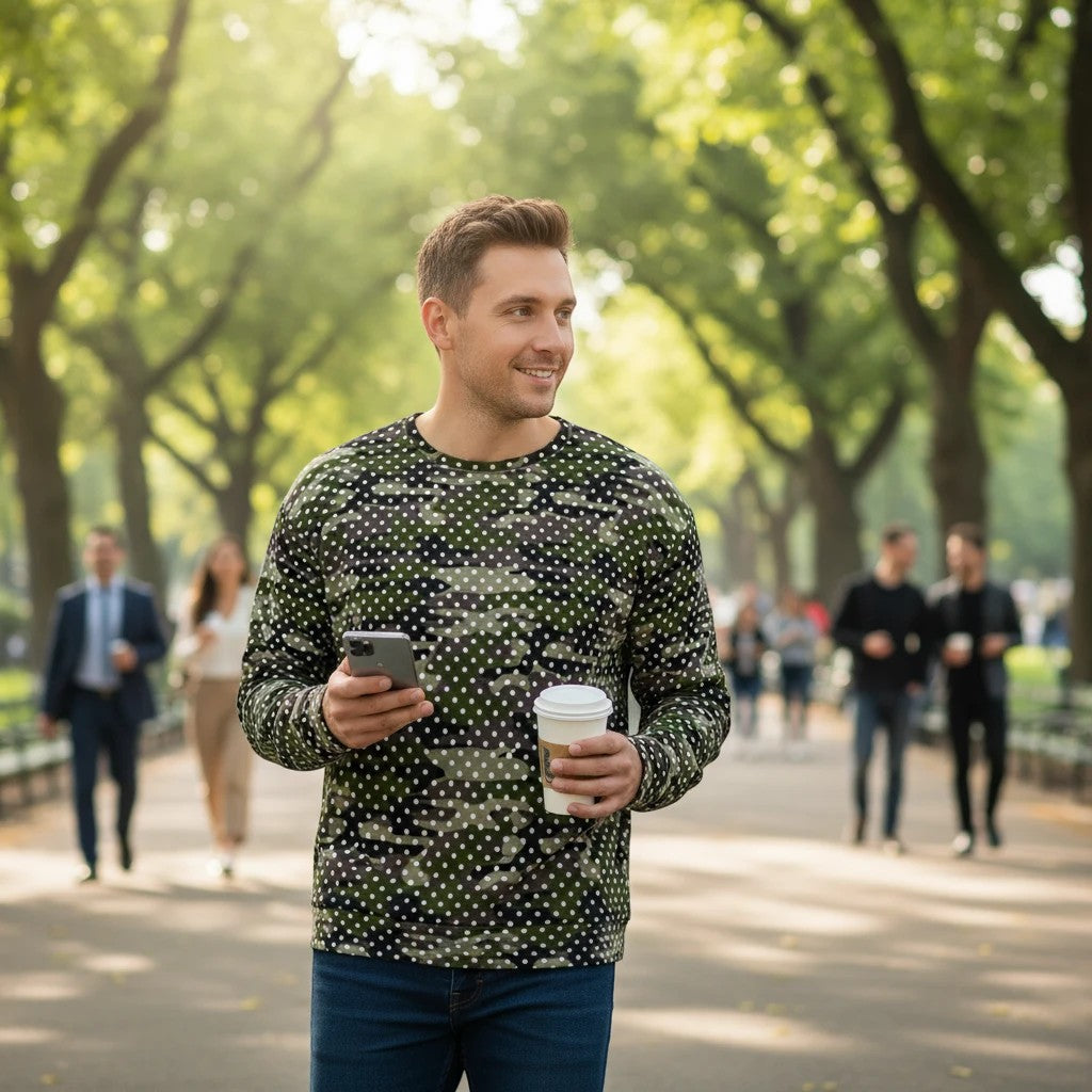 65mcmlxv unisex green camouflage and white polka dot print fleece sweatshirt